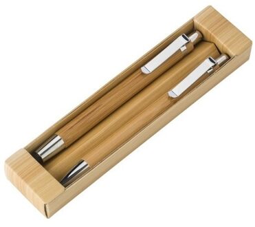 Bamboe pennenset - 2-delig - in doosje - balpen en vulpotlood - schrijfwaren Bruin