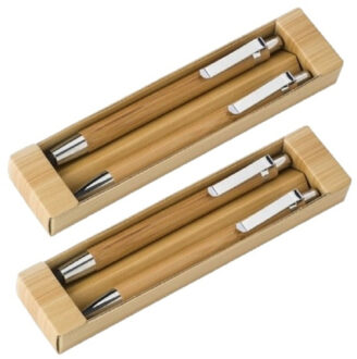 Bamboe pennenset - 8x set - 2-delig - in doosje - balpen en vulpotlood - schrijfwaren