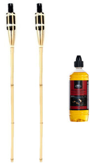 Bamboe tuinfakkel - 2x - 90 cm - inclusief bio citronella lampolie/fakkelolie 750 ml - citrusgeur