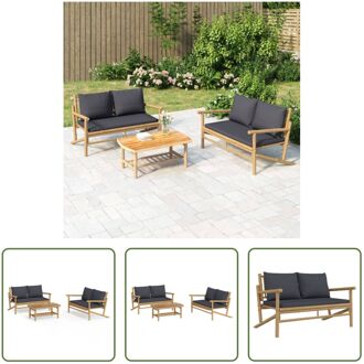 Bamboe Tuinloungeset - Salontafel 90x55x37 cm - Bank 115x75x74 cm - Donkergrijs Kussen - Modulair Bruin