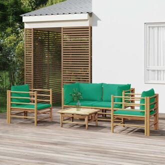 Bamboe Tuinset Hoekbank 2x Stoel Tafel Groen Kussen - Duurzaam - Comfortabel - Modulair ontwerp Bruin