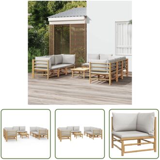 Bamboe Tuinset - Lounge set - 4x Middenbank - 4x Hoekbank - 1x Tafel - Lichtgrijs Kussen - Modulair Bruin