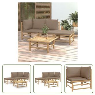 Bamboe Tuinset - Loungebank Hoek + Middenbank + Voetenbank + Tafel - Taupe Kussens - 150x150cm Bruin