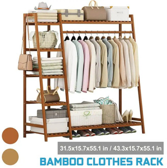 Bamboo Clothes Hanger Coat Rack Garment Closet Storage Organizer Hanging Rail Shelf Wardrobe Clothing Drying Racks Dressroom