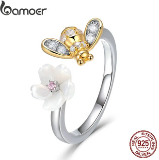BAMOER 100% 925 Sterling Silver Adjustable Bee And Honey Flower Sweet Wish Finger Rings for Women Party Silver Jewelry BSR013