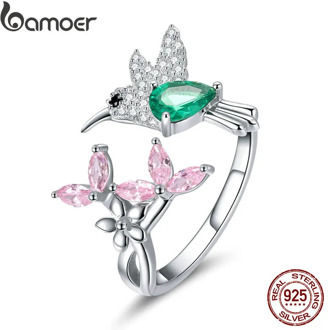 BAMOER 100% 925 Sterling Silver Adjustable Hummingbird Gift Luminous Clear CZ Finger Rings for Women Silver Jewelry BSR016