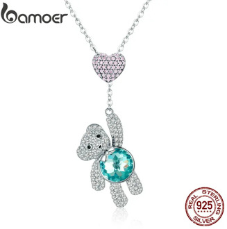 BAMOER 100% 925 Sterling Silver Pink CZ Heart And Cute Bear Animal Pendant Necklaces for Women Silver Jewelry Gift SCN271