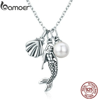 BAMOER 100% 925 Sterling Silver Romantic Mermaid-Legend Shell Pendant Necklaces for Women Sterling Silver Jewelry Gift SCN237
