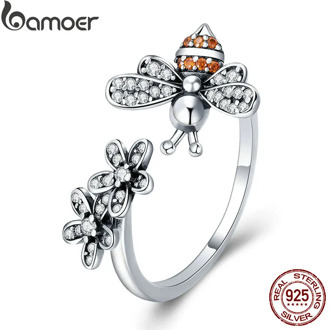 BAMOER 100% 925 Sterling Silver Trendy Bee & Daisy Flower Finger Rings for Women Adjustable Size Valentine Gift Jewelry SCR422
