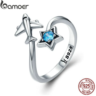 BAMOER 100% 925 Sterling Silver Trendy Star Tours Star & Plane Female Finger Rings for Women Sterling Silver Jewelry Anel SCR322