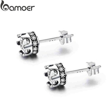 Bamoer 100% 925 Sterling Zilveren Kroon Prinses Lichtgevende Clear Cz Stud Oorbellen Voor Vrouwen Mode-sieraden SCE311