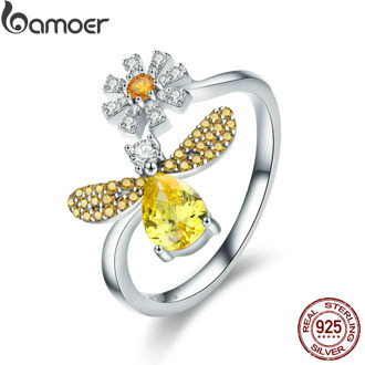 BAMOER 100% Authentic 925 Sterling Silver Fashion Bee with Daisy Flower Open Size Finger Ring for Women Party Jewelry SCR348