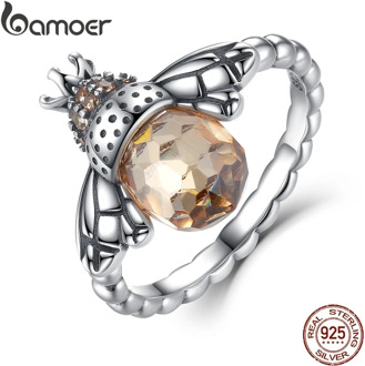 BAMOER 100% Authentic 925 Sterling Silver Orange Wing Animal Bee Finger Ring for Woman Sterling Silver Jewelry Christmas SCR025