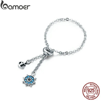 BAMOER 100% Authentic 925 Sterling Silver & Rudder Chain Link Adjustable Female Rings for Women Fine Jewelry Gift SCR236