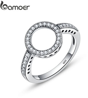 BAMOER 100% Genuine 925 Sterling Silver Forever Clear Black CZ Circle Round Finger Rings for Women Jewelry Christmas Gift SCR041