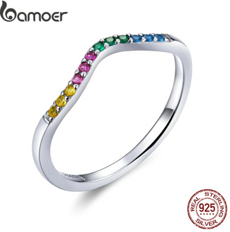 bamoer 100% Real 925 Sterling Silver Rainbow Wave Finger Rings for Women Colorful CZ Paved Engagement Wedding Jewelry SCR636
