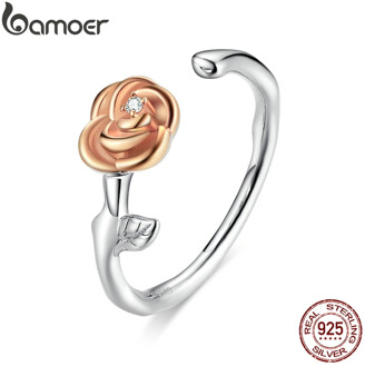bamoer 3D Vivid Rose Flower Open Adjustable Finger Rings for Women Real 925 Sterling Silver Free Size Korean Jewelry BSR096
