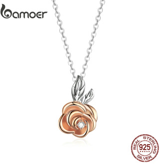 bamoer 3D Vivid Rose Flower Pendant Necklace for Women 925 Sterling Silver Rose Gold Color Korean Style Fine Jewelry BSN155