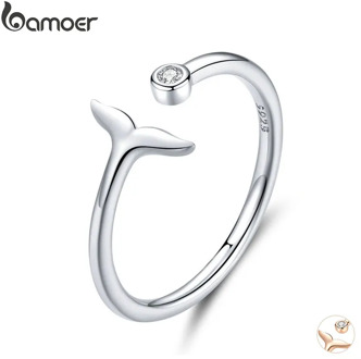 bamoer 925 Sterling Silver 2 Color Fish Tail Mermaid Open Finger Rings for Women Adjustable Band Free Size Bijoux SCR618