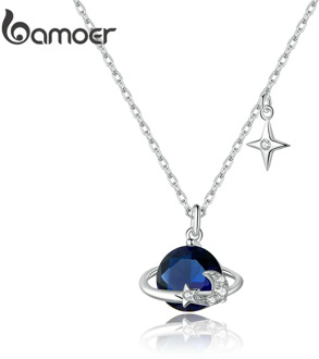 bamoer 925 Sterling Silver Blue Planet Pendant Necklace for Women Stars Design Engagement Statement Jewelry Colllar BSN166