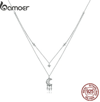 bamoer 925 Sterling Silver Clear CZ Moon Dreamcatcher Pendant Necklace for Women Family Gifts Fine Jewelry necklace BSN201