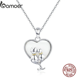 BAMOER 925 Sterling Silver Couple Cat Necklaces Pendant for Women Sweet Heart Necklace Sterling Silver Jewelry Collar SCN297