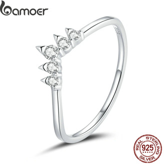 bamoer 925 Sterling Silver Crown Ring Finger Rings for Women Vintage Retro Stackable Rings Band Silver Fine Jewelry SCR686