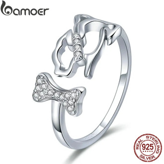 BAMOER 925 Sterling Silver Dog's Company Animal Dog & Bone Finger Rings for Women Adjustable Size Sterling Silver Jewelry SCR416