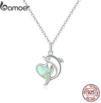 bamoer 925 Sterling Silver Dolphin with Heart Plated platinum CZ Pendant Necklace for Women Family Gifts Fine Jewelry SCN412