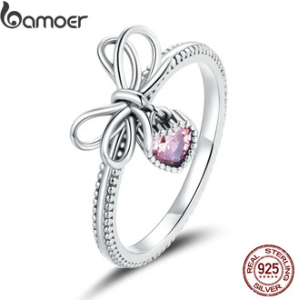 bamoer 925 Sterling Silver Gift with Bow Finger Rings for Women Vintage Retro Stackable Rings Band Silver Fine Jewelry SCR682