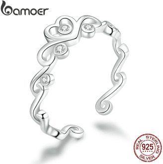 bamoer 925 Sterling Silver Heart Crown Adjustable Finger Rings for Women Vintage Wedding Engagement Statement Jewelry BSR105