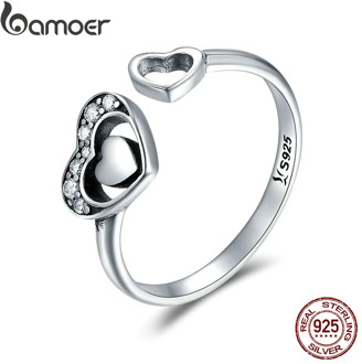 BAMOER 925 Sterling Silver Heart in Heart Pave CZ Open Finger Ring Crystal Rings for Women Authentic Silver Jewelry Gift SCR168