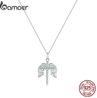 bamoer 925 Sterling Silver Holy Cross Plated platinum CZ Pendant Necklace for Women Family Gifts Fine Jewelry SCN421