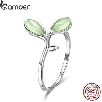 BAMOER 925 Sterling Silver Hope Green Tree Leaves Tree Buds Female Finger Rings for Women Sterling Silver Jewelry SCR453