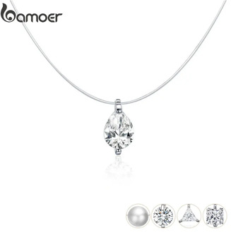 bamoer 925 Sterling Silver Invisible Choker Necklace for Women Waterdrop Square Triangle Pendant Neckalce Female Bijoux SCN332-D