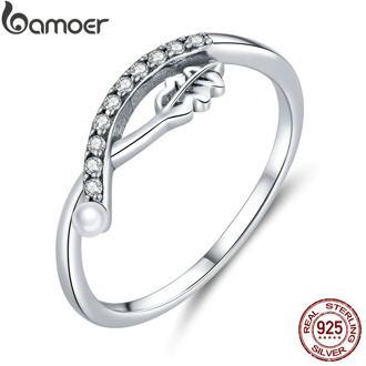 bamoer 925 Sterling Silver Leaf Finger Rings for Women Clear CZ Paved Korea Style Hypoallergenic Fashion Jewelry BSR111