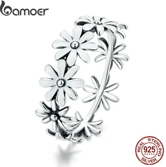 bamoer 925 Sterling Silver Little Daisy Finger Rings for Women Vintage Retro Stackable Rings Band Silver Fine Jewelry SCR670