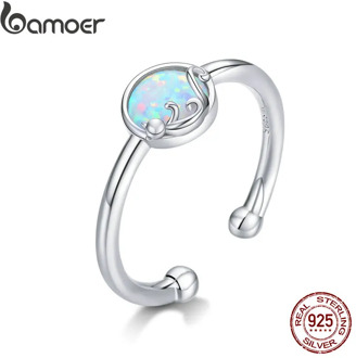 bamoer 925 Sterling Silver Opal Stone Cat Rings for Women Adjustable Open Finger Band Fine Jewelry Korean Style Anel SCR651