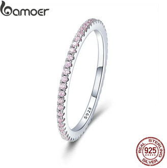 BAMOER 925 Sterling Silver Pink Crystal Wedding Female Rings for Women Simple Geometric Ring Sterling Silver Jewelry SCR066