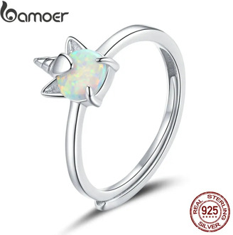 bamoer 925 Sterling Silver Rings for Women Shining Opal Unicorn Adjustale Finger Ring Couple Wedding Statement Jewelry SCR684