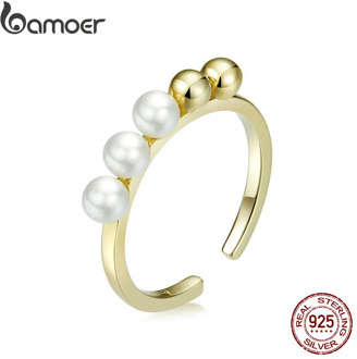 bamoer 925 Sterling Silver Round Beads and Pearl Open Adjustable Finger Rings for Women Gold Color Fine Jewelry BSR115
