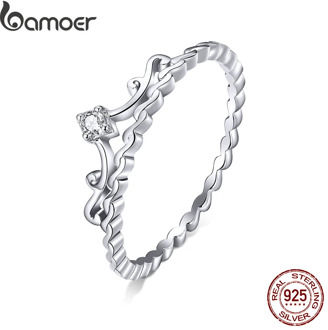 bamoer 925 Sterling Silver Royal Crown Finger Rings for Women Delicate Sparkling CZ Wedding Engagement Band Jewelry 2020 BSR099