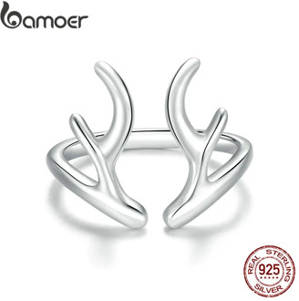 bamoer 925 Sterling Silver Simple Antlers Adjustable Finger Rings for Women Stackable Korea Style Fine Jewelry Anel BSR147