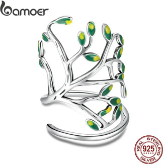 BAMOER 925 Sterling Silver Tree of Life Green Tree Leaves Adjustable Finger Rings for Women Sterling Silver Jewelry SCR454