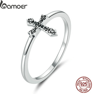 bamoer 925 Sterling Silver Vine Cross Finger Rings for Women Vintage Retro Stackable Rings Band Silver Fine Jewelry SCR674