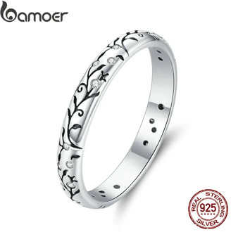 bamoer 925 Sterling Silver Vine Pattern Finger Rings for Women Vintage Retro Stackable Rings Band Silver Fine Jewelry SCR659