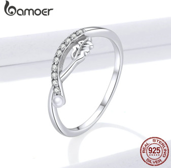 BAMOER 925 Sterling Silver Vintage Leaf Elegance, Clear CZ Flower Finger Rings for Women Fine Jewelry New 2020 BSR111