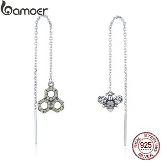 BAMOER 925 Sterling Zilver Crystal Bee Liefde Honingraat Long Chain Oorbellen voor Vrouwen Sterling Zilveren Oorbellen Sieraden SCE484
