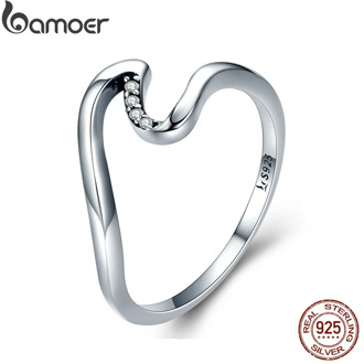 BAMOER Authentic 100% 925 Sterling Silver Geometric Wave Finger Rings for Women Wedding Engagement Jewelry Gift S925 SCR378