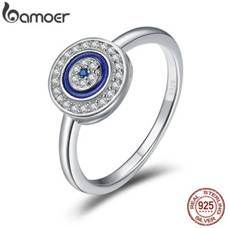 BAMOER Authentic 100% 925 Sterling Silver Lucky Blue Eyes Women Finger Ring Wedding & Engagement Jewelry Ring SCR208